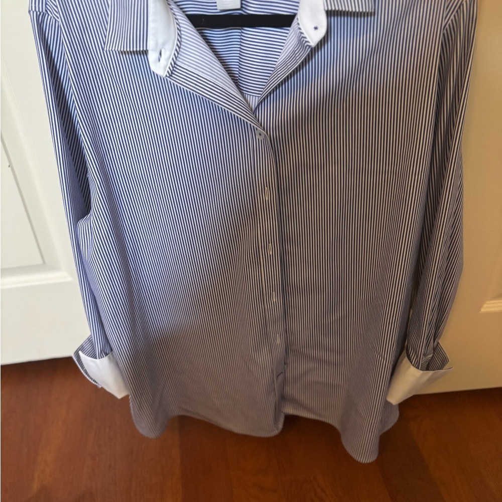 Chico's Blue and White Pinstripe Button-Front Blouse